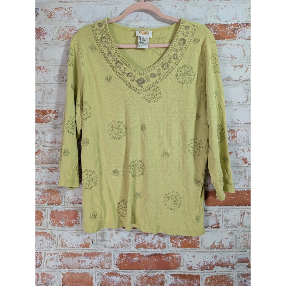 Talbots V-Neck Top Women XL Green Floral Embroidered 3/4 Sleeve Cotton